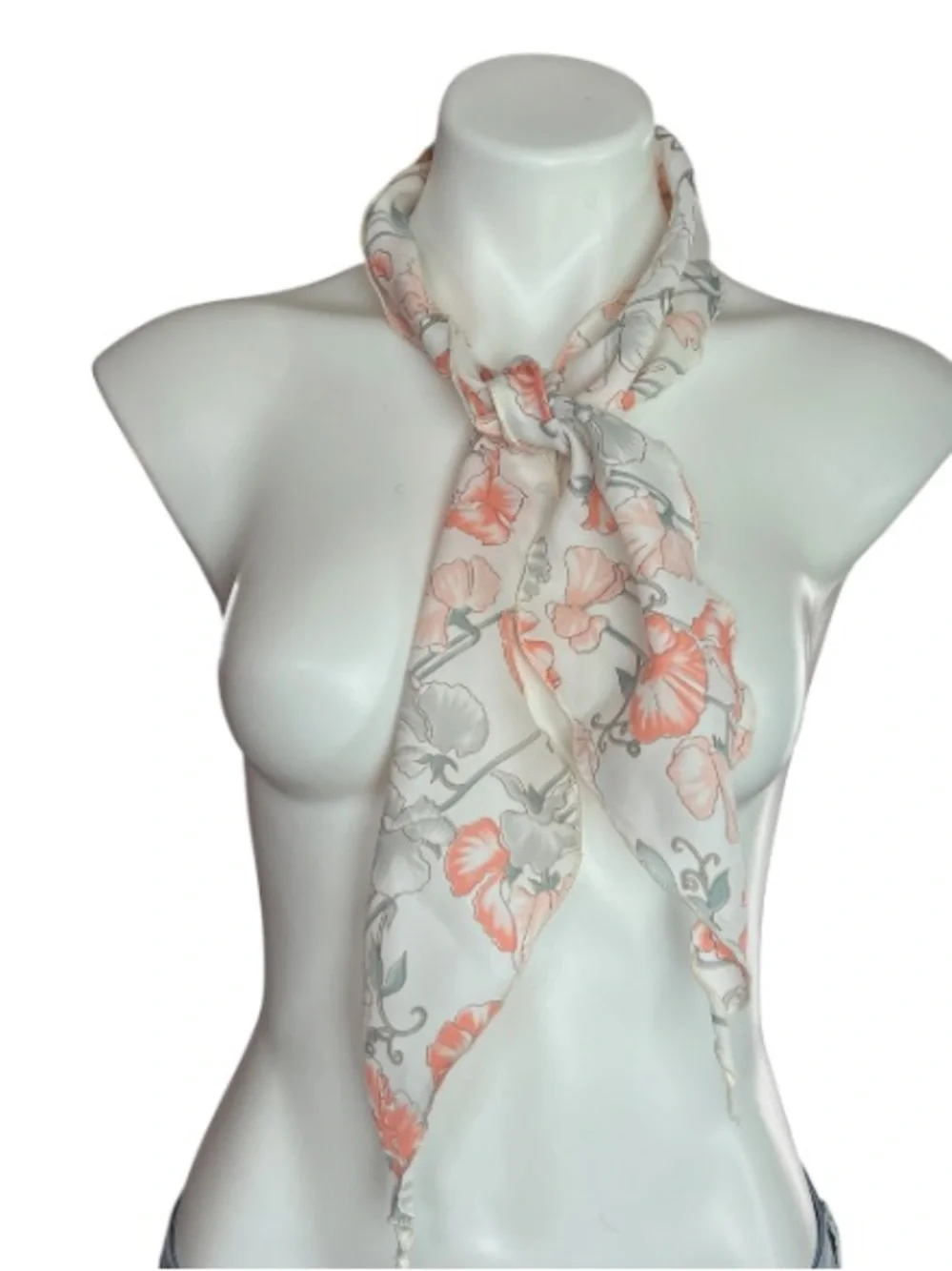 Vintage Floral Faux Silk Scarf in Coral, Gray and Cream